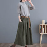 Buddha Stones Retro Women's Wide Leg 7-8 Length Corduroy Cotton Pants With Pockets And Belt - image 15