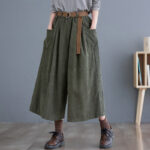 Buddha Stones Retro Women's Wide Leg 7-8 Length Corduroy Cotton Pants With Pockets And Belt - DarkOliveGreen - US12，UK/AU16，EU44 (2XL) - image 12