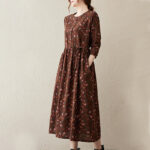 Buddha Stones Casual Ethnic Printing Floral Buttons Design Cotton Linen Midi Dress With Pockets - image 4