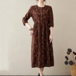 Buddha Stones Casual Ethnic Printing Floral Buttons Design Cotton Linen Midi Dress With Pockets - image 3