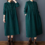Buddha Stones Casual Plain Buttons Design Thermal Cotton Linen Midi Dress With Pockets - image 12