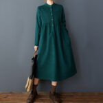Buddha Stones Casual Plain Buttons Design Thermal Cotton Linen Midi Dress With Pockets - image 8