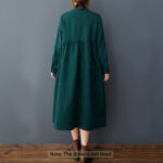 Buddha Stones Casual Plain Buttons Design Thermal Cotton Linen Midi Dress With Pockets - image 7