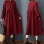 Buddha Stones Casual Plain Buttons Design Thermal Cotton Linen Midi Dress With Pockets - image 27