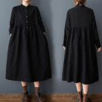 Buddha Stones Casual Plain Buttons Design Thermal Cotton Linen Midi Dress With Pockets - image 5