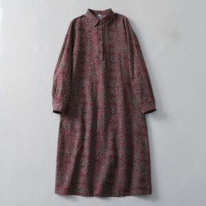 Buddha Stones Brown Retro Printing Floral Pattern Lapel Cotton Linen Midi Dress With Pockets - Brown - US8-10，UK/AU12-14，EU40-42 (2XL) - image 1