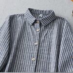 Buddha Stones LightSteelBlue White Striped Button Design Lapel Cotton Linen Midi Dress With Pockets - image 3