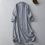 Buddha Stones LightSteelBlue White Striped Button Design Lapel Cotton Linen Midi Dress With Pockets - image 2
