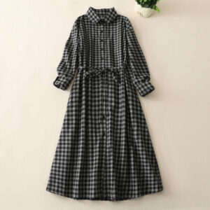 Buddha Stones Black Lace-Up Design Plaid Lapel Cotton Linen Midi Dress With Pockets - Black - US8-10，UK/AU12-14，EU40-42 (2XL) - image 1