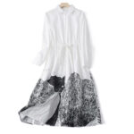 Buddha Stones Printing Irregular Lines Back Lace-up Design Lapel Cotton Midi Dress With Pockets - White - US8-10，UK/AU12-14，EU40-42 (2XL) - image 10