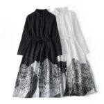 Buddha Stones Printing Irregular Lines Back Lace-up Design Lapel Cotton Midi Dress With Pockets - image 16