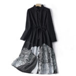Buddha Stones Printing Irregular Lines Back Lace-up Design Lapel Cotton Midi Dress With Pockets - Black - US8-10，UK/AU12-14，EU40-42 (2XL) - image 1