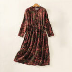 Buddha Stones Casual Printing Drawstring Chinese Frog-Button Cotton Linen Midi Dress With Pockets - Brown - US8-10，UK/AU12-14，EU40-42 (2XL) - image 9