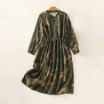 Buddha Stones Casual Printing Drawstring Chinese Frog-Button Cotton Linen Midi Dress With Pockets - DarkOliveGreen - US8-10，UK/AU12-14，EU40-42 (2XL) - image 1
