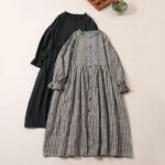 Buddha Stones Casual Plaid Simple Buttons Ruffled Design Cotton Linen Midi Dress With Pockets - image 21