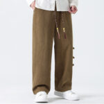 Buddha Stones Plain Drawstring Chinese Frog-Button Design Men's Corduroy Pants With Pockets - image 8
