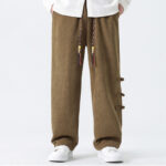Buddha Stones Plain Drawstring Chinese Frog-Button Design Men's Corduroy Pants With Pockets - image 9