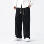 Buddha Stones Plain Drawstring Chinese Frog-Button Design Men's Corduroy Pants With Pockets - Black - US/UK/AU48，EU58(5XL) - image 12