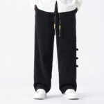 Buddha Stones Plain Drawstring Chinese Frog-Button Design Men's Corduroy Pants With Pockets - image 13