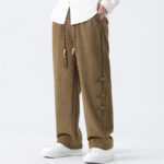 Buddha Stones Plain Drawstring Chinese Frog-Button Design Men's Corduroy Pants With Pockets - image 6
