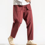 Buddha Stones Retro Casual Drawstring Design Men's Harem Cotton Plain Pants With Pockets - image 10