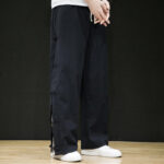 Buddha Stones Casual Patchwork Crane Pattern Frog-Button Design Men's Wide Leg Pants With Pockets - image 7