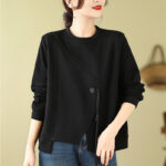 Buddha Stones Fall Plain Button Crew Neck Cotton Pullover Women's Sweatshirt  - Black - US12，UK/AU16，EU44 (2XL) - image 1