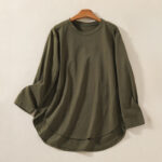 Buddha Stones Casual Pure Irregular Hem Cotton Linen Women's Long Sleeve T-shirt - DarkOliveGreen - US14，UK/AU18，EU46 (2XL) - image 1