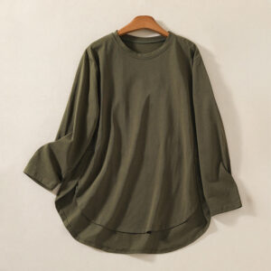 Buddha Stones Casual Pure Irregular Hem Cotton Linen Women's Long Sleeve T-shirt - DarkOliveGreen - US14，UK/AU18，EU46 (2XL) - image 1