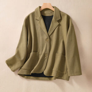 Buddha Stones Plain Lapel Women's Cotton Jacket With Pockets - Olive - US12，UK/AU16，EU44 (XL) - image 1