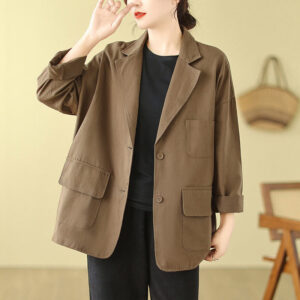 Buddha Stones Plain Women's Cotton Suit Jacket With Pockets - DarkGoldenrod - US14，UK/AU18，EU46 (2XL) - image 1