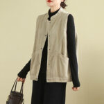 Buddha Stones Plain Sleeveless Women's Cotton Vest Corduroy Waistcoat With Pockets - image 2
