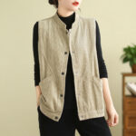 Buddha Stones Plain Sleeveless Women's Cotton Vest Corduroy Waistcoat With Pockets - Beige - US12，UK/AU16，EU44 (2XL) - image 1