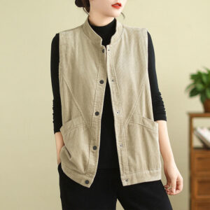 Buddha Stones Plain Sleeveless Women's Cotton Vest Corduroy Waistcoat With Pockets - Beige - US12，UK/AU16，EU44 (2XL) - image 1