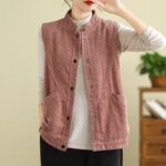 Buddha Stones Plain Sleeveless Women's Cotton Vest Corduroy Waistcoat With Pockets - image 14