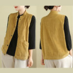 Buddha Stones Plain Sleeveless Women's Cotton Vest Corduroy Waistcoat With Pockets - image 19
