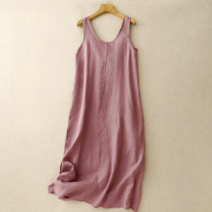 Buddha Stones Summer Daily Casual Pure Color Crew Neck Simple Design Sleeveless Cotton Midi Dress - PaleVioletRed - US8-10，UK/AU12-14，EU40-42 (2XL) - image 1