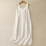Buddha Stones Summer Daily Casual Pure Color Crew Neck Simple Design Sleeveless Cotton Midi Dress - FloralWhite - US8-10，UK/AU12-14，EU40-42 (2XL) - image 8
