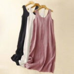 Buddha Stones Summer Daily Casual Pure Color Crew Neck Simple Design Sleeveless Cotton Midi Dress - image 17