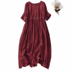 Buddha Stones Solid Color Embroidery Short Sleeve Cotton Midi Dress - image 21