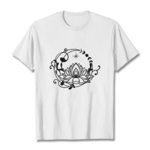 Buddha Stones Casual Simple Design Lotus Flower Moon Flowing Vines Pattern Cotton Tee T-shirt - White - 2XL - image 1