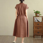 Buddha Stones Summer Plain Single Breasted Drawstring Cotton Linen Midi Dress With Pockets - image 3