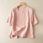 Buddha Stones Simple Plain Short Sleeve Crew Neck Side Slit Cotton Women's T-Shirt - LightPink - US12，UK/AU16，EU44 (3XL) - image 2