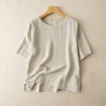 Buddha Stones Simple Plain Short Sleeve Crew Neck Side Slit Cotton Women's T-Shirt - Beige - US12，UK/AU16，EU44 (3XL) - image 6