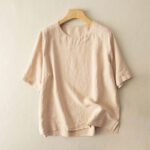 Buddha Stones Simple Plain Short Sleeve Crew Neck Side Slit Cotton Women's T-Shirt - Khaki - US12，UK/AU16，EU44 (3XL) - image 3