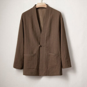 Buddha Stones Men's Plain Pleats Frog-Button Design Open Front Jacket Cotton Linen Kimono - SaddleBrown - US/UK/AU48，EU58 (4XL) - image 1