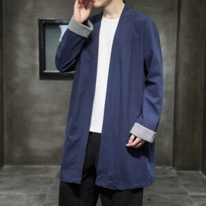 Buddha Stones Spring Vintage Open Front Men's Cotton Linen Zen Jacket Kimono - DarkSlateBlue - US/UK/AU46，EU56 (5XL) - image 1