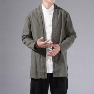 Buddha Stones Casual Plain Simple Design Open Front Cotton Linen Men's Long Sleeve Jacket Kimono - DarkSeaGreen - US/UK/AU42，EU52 (3XL) - image 1