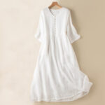 Buddha Stones Summer V-Neck Design Half Sleeve Cotton Midi Dress - White - US8-10，UK/AU12-14，EU40-42 (2XL) - image 17