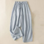 Buddha Stones Commute Plain Design Drawstring Cotton Linen Women's Wide Leg Pants With Pockets - LightSteelBlue - US8-10，UK/AU12-14，EU40-42 (2XL) - image 1